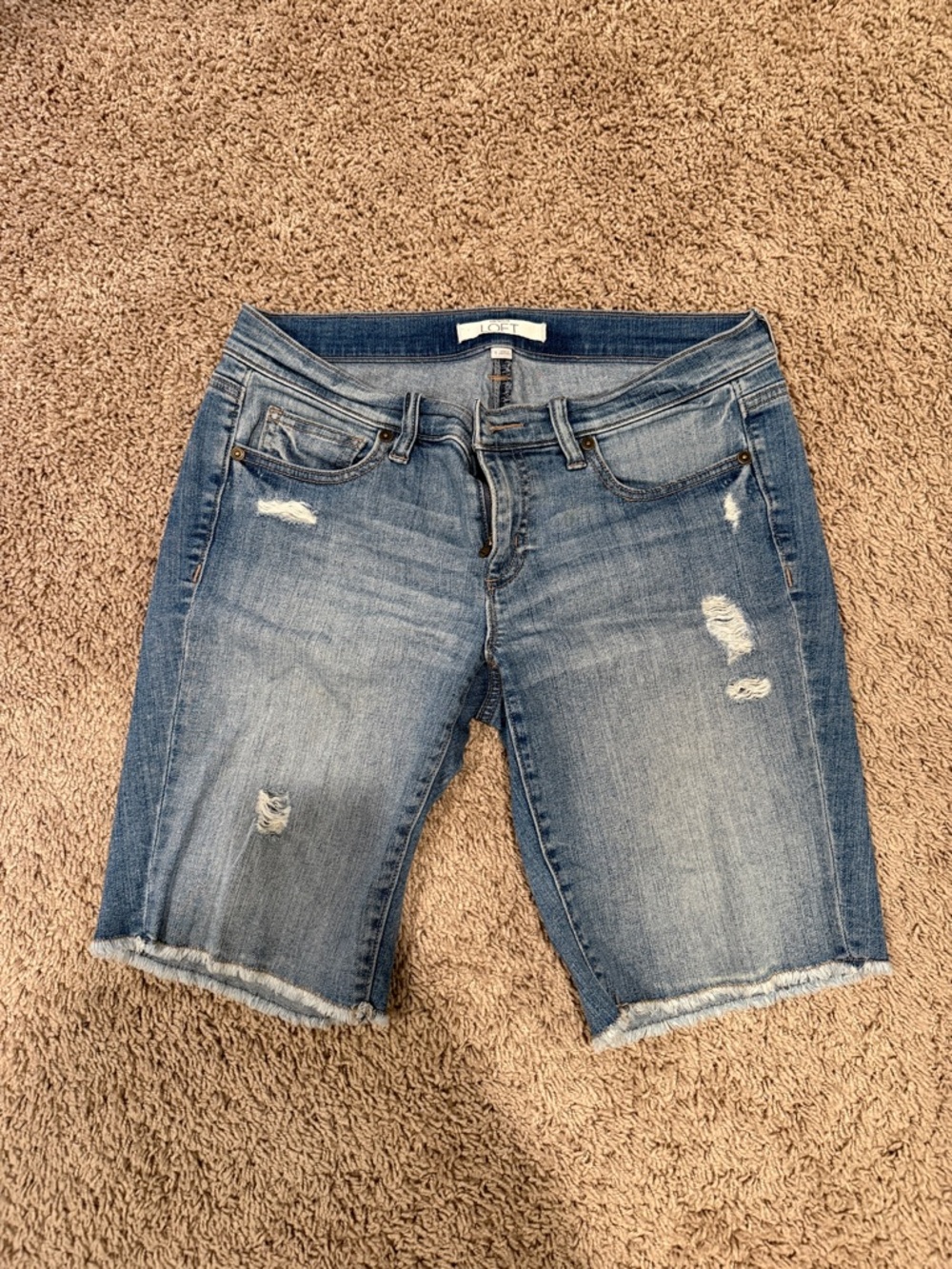 LOFT Mid Wash Distressed Denim Bermuda Shorts